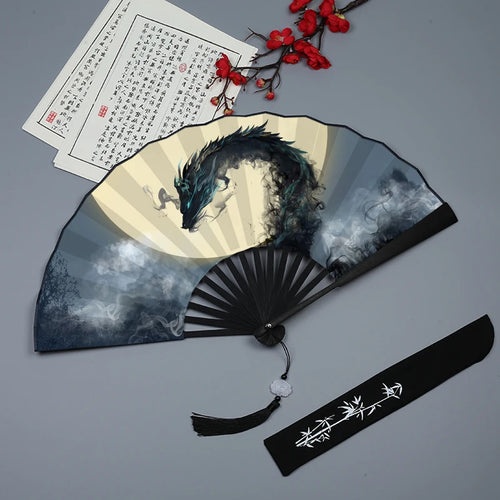 Dragon with Full Moon Chinese Fan| Folding Handheld Silk Cloth - 1 Pc