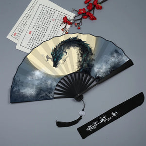 Dragon with Full Moon Chinese Fan| Folding Handheld Silk Cloth - 1 Pc