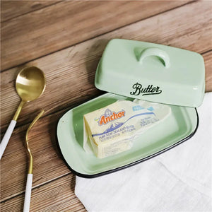 Retro Enamel Butter Dish with Lid | Mint Green Ceramic Holder - 1 Pc