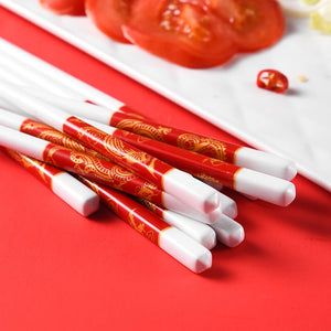 Festive Red Ceramic Chinese Chopsticks | Dragon and Phoenix Bone Porcelain  - 10 pairs