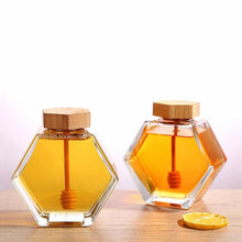 Load image into Gallery viewer, Small Honey Jar with Dipper | Hexagonal Glass Bottle with Wooden Stick - 1 Set