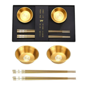 Gold Metal Chopsticks Gift Set | Holder Soy Sauce Dish - 1 Set