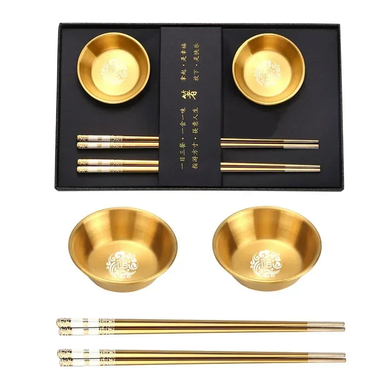 Gold Metal Chopsticks Gift Set | Holder Soy Sauce Dish - 1 Set