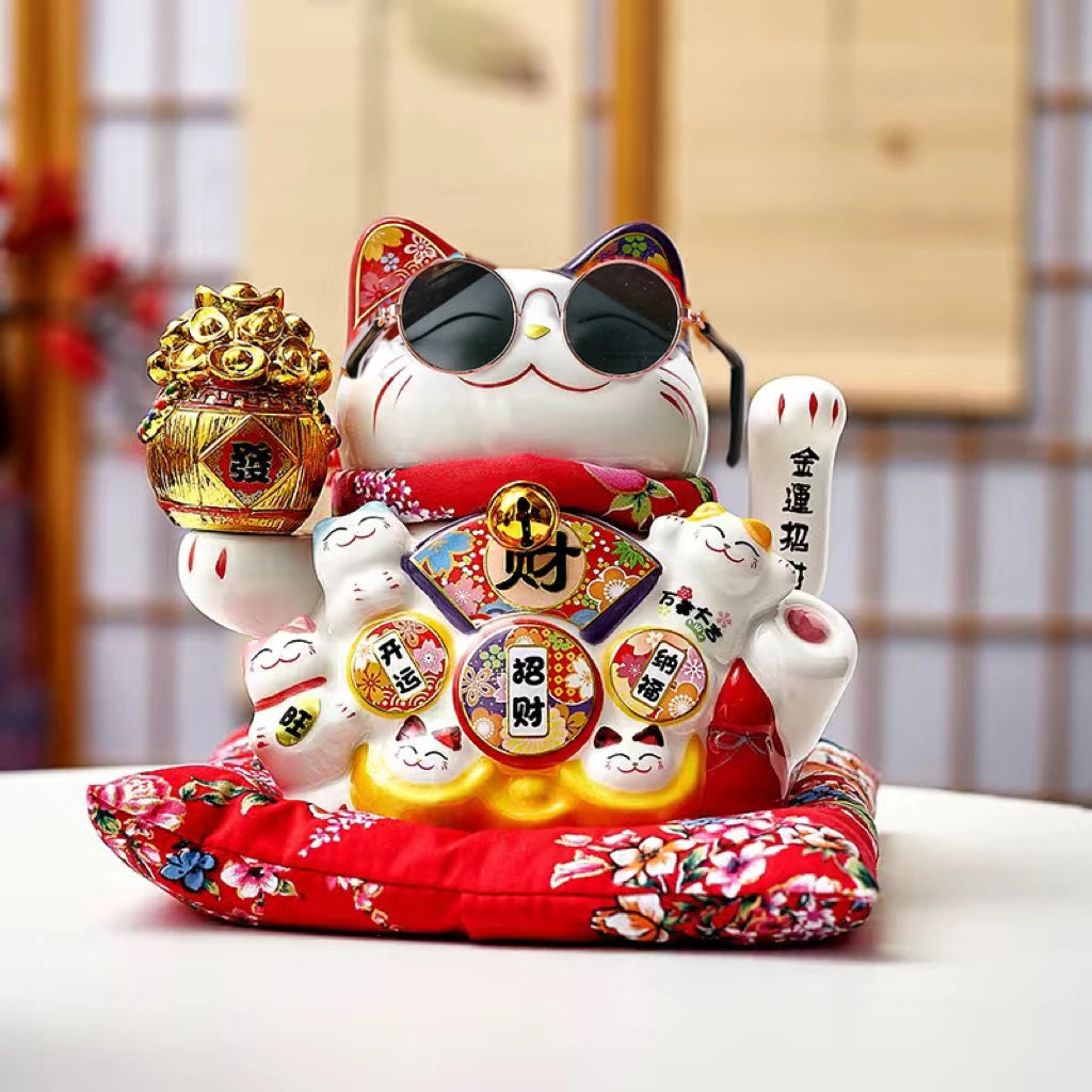 Lucky Cat Ceramic Display | Large Fortune Decoration Electric Wave Hand - 1 Pc