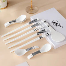 Load image into Gallery viewer, White Ceramic Chopsticks &amp; Asian Soup Spoons Gift with Rice Paddle - 5 Pair Set