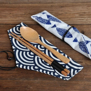 Japanese Portable Chopsticks & Spoon in Pouch | Travel Cotton Linen Fabric Bag - 1 Set