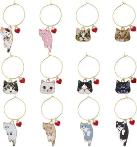 Cute Cat Wine Glass Charms | Cup Rings Drink Markers - 12 Pc Set