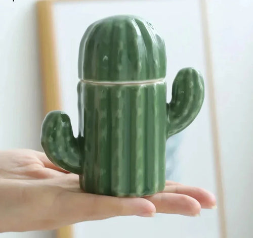 Ceramic Cactus Toothpick Holder | Green Jar with Lid - 1 Set