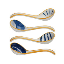 Load image into Gallery viewer, Blue &amp; White Japanese Ceramic Yellow Asian Soup Spoons - 4 Pc Set