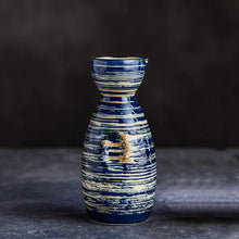 Load image into Gallery viewer, Blue Stripes Artisan Japanese Sake Set | Hand-Painted Ceramic Tokkuri Bottle and Ochoko Cups