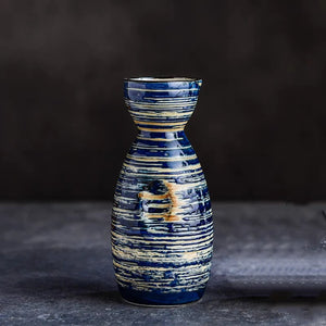 Blue Stripes Artisan Japanese Sake Set | Hand-Painted Ceramic Tokkuri Bottle and Ochoko Cups