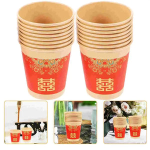 Disposable Chinese Wedding Paper Cups for Tea Ceremony | Red Double Happiness - 50 Pc Set