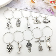 Load image into Gallery viewer, Vineyard Wine Glass Markers | Silver Cup Identifiers Charms Rings - 10 Pc Set