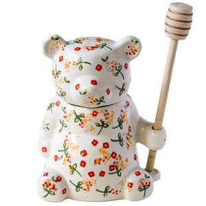 Cute Small Honey Jar with Dipper | Ceramic Bear Holding Wooden Stick - 1 Set