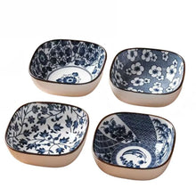 Load image into Gallery viewer, Blue &amp; White Rounded Ceramic Japanese Square Soy Sauce Dishes - 4/6 Pc Sets