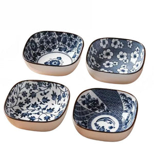 Blue & White Rounded Ceramic Japanese Square Soy Sauce Dishes - 4/6 Pc Sets