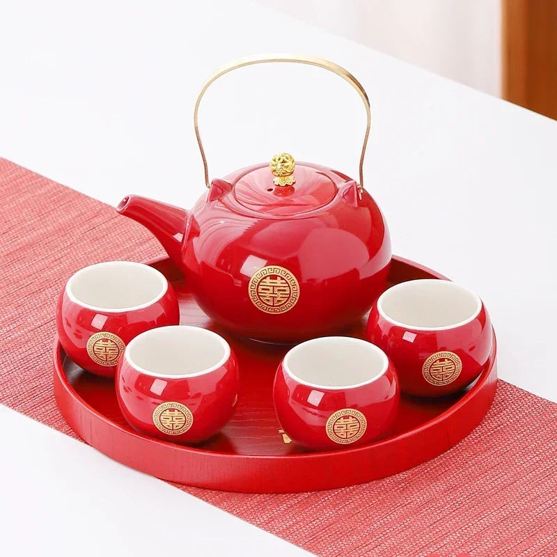 Traditional Chinese Tea Ceremony Set Gold Red Teapot Cups