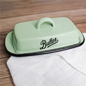 Retro Enamel Butter Dish with Lid | Mint Green Ceramic Holder - 1 Pc