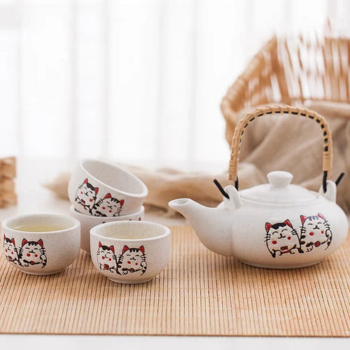 Lucky Cat Teapot with 4 Tea Cups | Ceramic  Japanese Chinese Maneki Neko Set