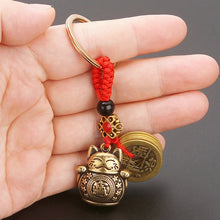 Load image into Gallery viewer, Brass Lucky Cat Keychain | Bronze Fortune Kitty Key Ring - 1 Pc