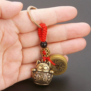 Brass Lucky Cat Keychain | Bronze Fortune Kitty Key Ring - 1 Pc