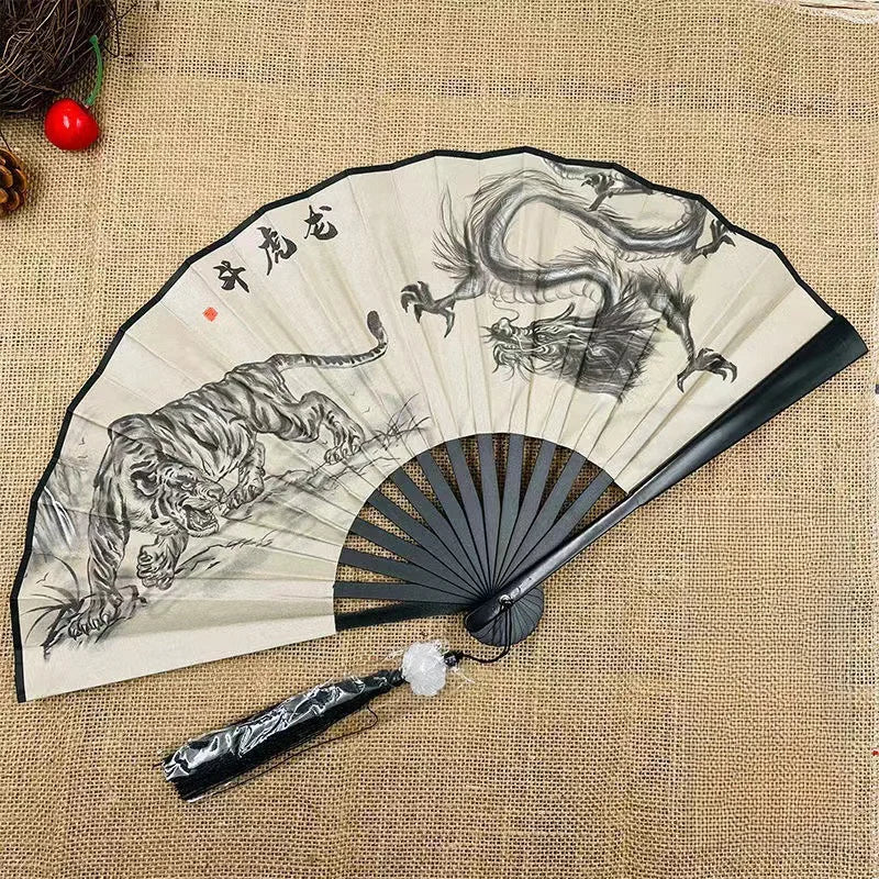 Dragon & Tiger Chinese Fan | Handheld Bamboo Folding with Tassel - 1 Pc