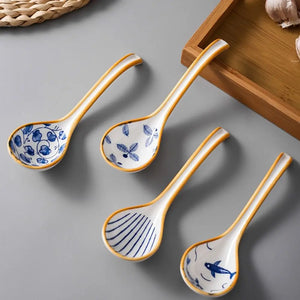 Exquisite Blue Pattern Ceramic Asian Soup Spoons | Yellow Japanese Long Handle Spoon - 1 Pc