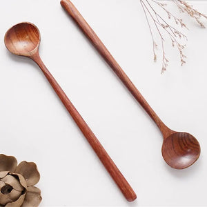 Long Handle Asian Soup Spoons | Natural Wooden Utensil - 1/2 Pc