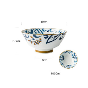 Blue & White Ramen Bowl | Japanese Retro Ceramic Noodle Rice Donburi Bowls - 1 Pc