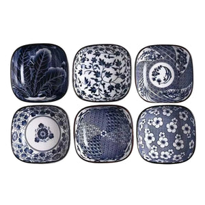 Blue & White Rounded Ceramic Japanese Square Soy Sauce Dishes - 4/6 Pc Sets
