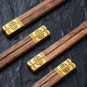 Premium Gold Fortune Wood Luxury Chinese Chopsticks - 5/10 Pair Set