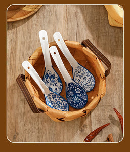 Blue & White Chinese Spoon Set | Porcelain Asian Soup Spoons - 4 Pc Set