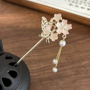 Pink Flower Dangle Hair Sticks | Chinese Gold Plated Metal Pin - 1 Pc