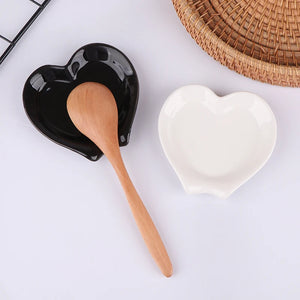 Heart Unique Spoon Rests | Black White Ceramic Spatula Holders - 1 Pc