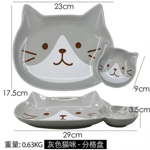 Cute Cat Plates | Large Ceramic Japanese Kitty Plate with Side Sauce Dish - 1 Pc