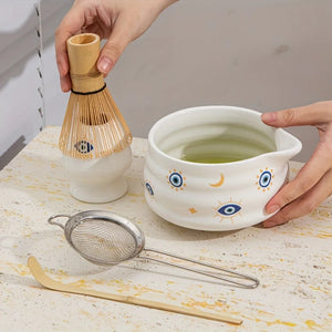 Evil Eye Matcha Bowl Set | Tea Whisk Holder Sift Bamboo - 5 Pc