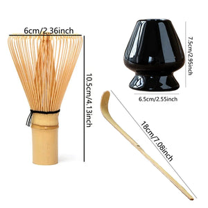 Black Matcha Tool Set | Bamboo Whisk, Tea Scoop, and Holder - 3 Pc