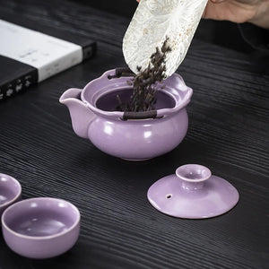 Purple Travel Tea Set Portable | Floral Chinese Teapot Cups with Case