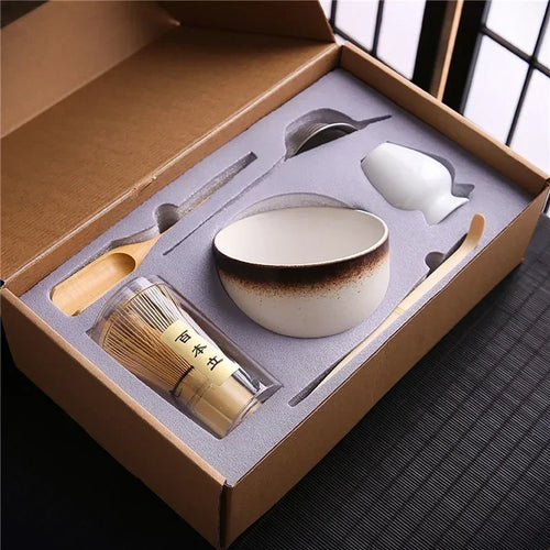 White & Brown Matcha Set | Japanese Tea with Whisk Holder - 6 Pc