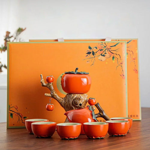 Persimmon Chinese Kung Fu Tea Gift Set | Luxury Ceramic Pot Cup - 8 Pc