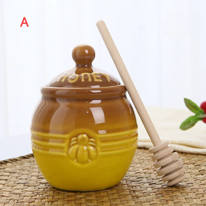 Cute Winnie Honey Jar with Dipper | Ceramic Container with Wooden Stick - 1 Pc