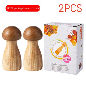 Cute Wooden Mushroom Pepper Grinder Mills Shakers with Tray - 3 Pc Set