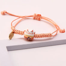 Load image into Gallery viewer, Orange Lucky Cat Braided Bracelet | Adjustable Ceramic Kitty Jewelry with Gold Charm - 1 Pc