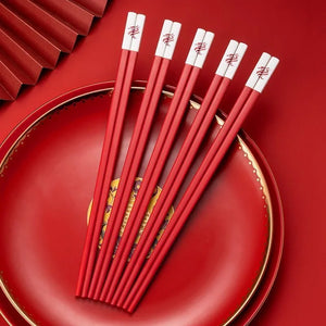 Red Dragon Chopsticks | Korean Metal Chinese Wedding Set - 5 Pairs