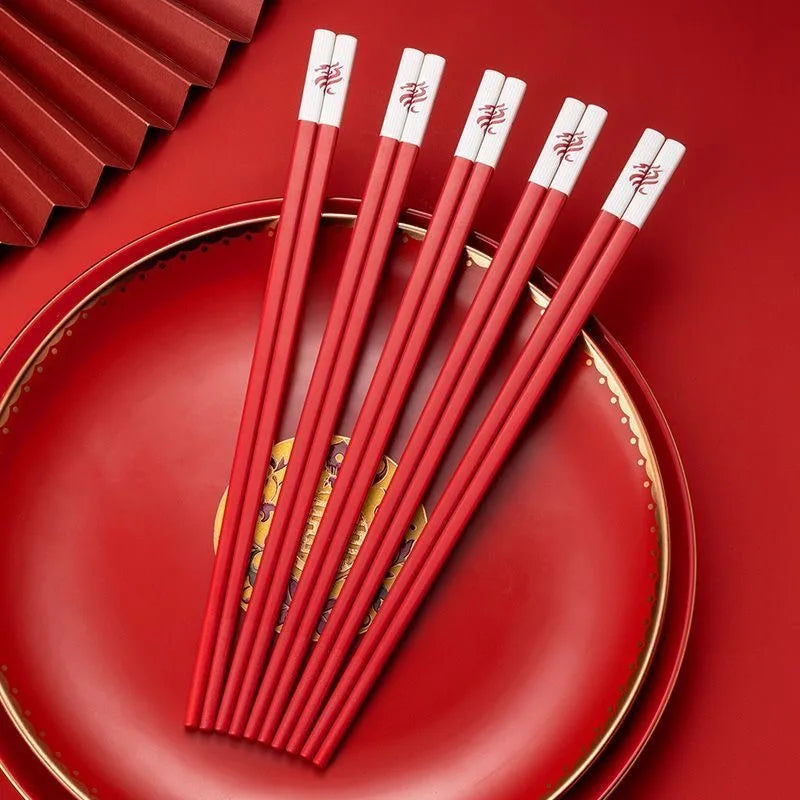 Red Dragon Chopsticks | Korean Metal Chinese Wedding Set - 5 Pairs