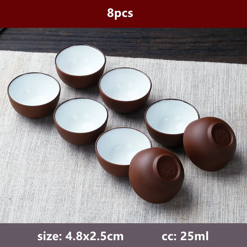 Authentic Yixing Purple Clay Tea Cup for Chinese Gong Fu Tea - 8 Pc Set