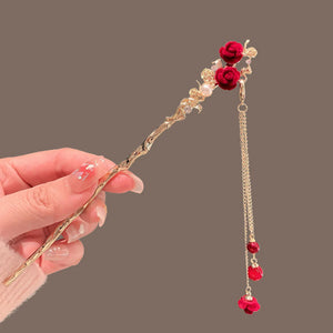 Red Rose Dangle Hair Sticks | Chinese Gold Plated Metal Pin - 1 Pc