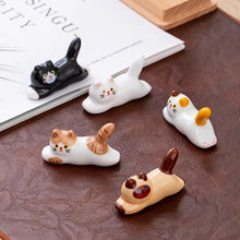 Load image into Gallery viewer, Laying Cat Chopstick Rests | Cute Chinese Ceramic Kitty Chopsticks Holder - 5 Pc Set