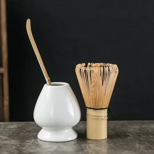 Traditional Japanese Matcha Set with Bamboo Whisk, Spoon, and Ceramic Stand - 3 Piece Set