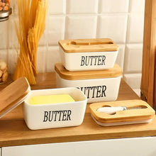 Load image into Gallery viewer, White Ceramic Butter Dish with Bamboo Lid and Knife - 1 Set